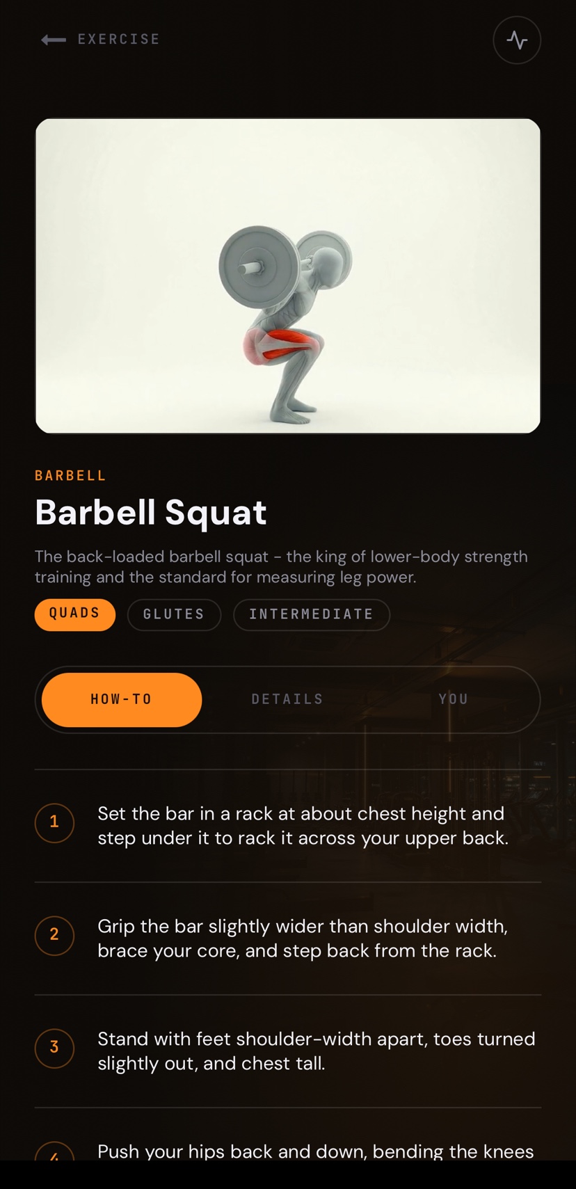 Maatriks Barbell Squat exercise reference with demonstration and muscle labels