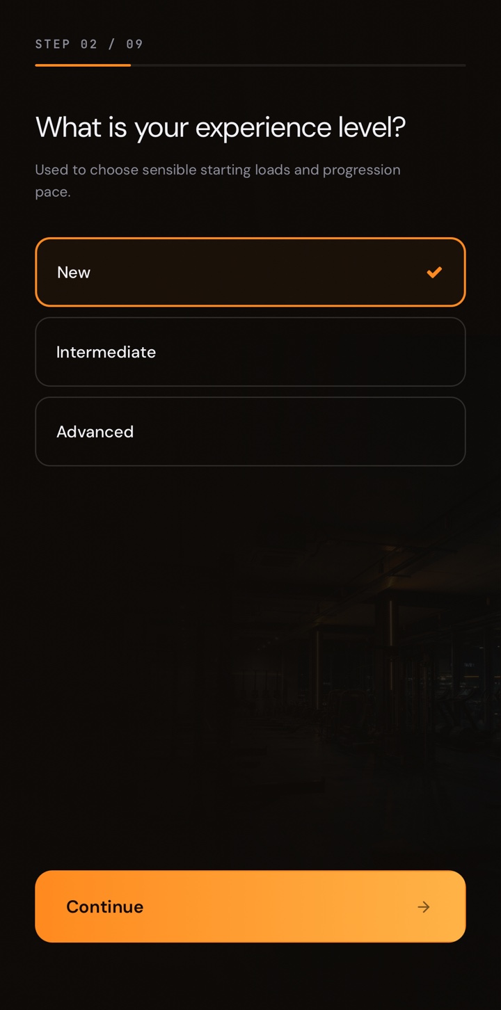 Maatriks onboarding screen for choosing training experience