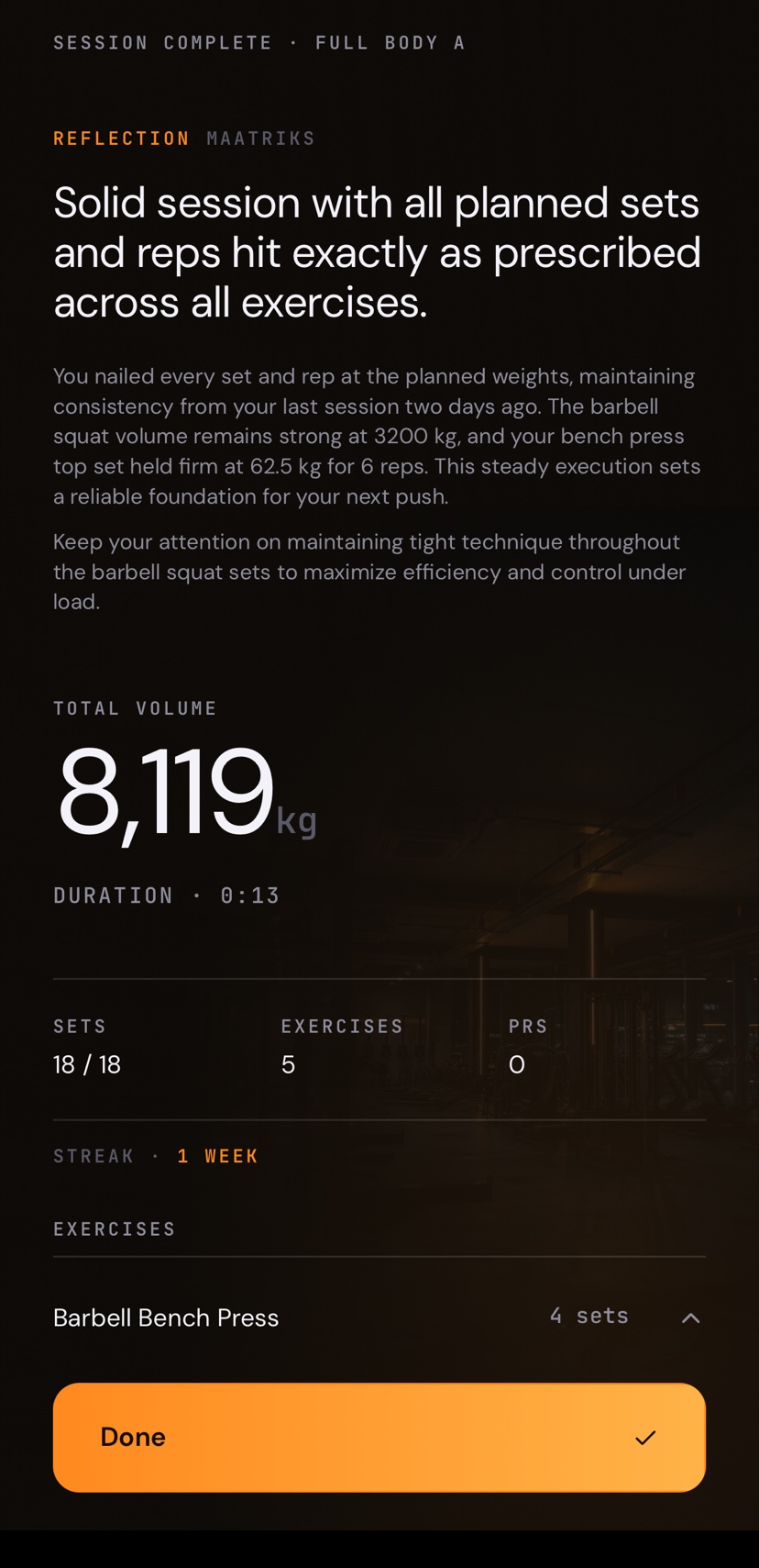 Maatriks completed workout summary with recorded work and feedback
